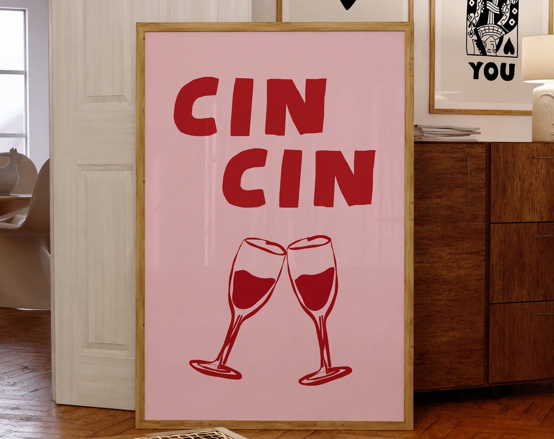 Cin Cin Red Text Pink Background Champagne Toast Party Poster