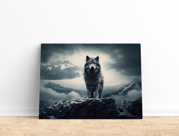 Lone Wolf Standing On Rocky Cliff High Above Storm Clouds Poster