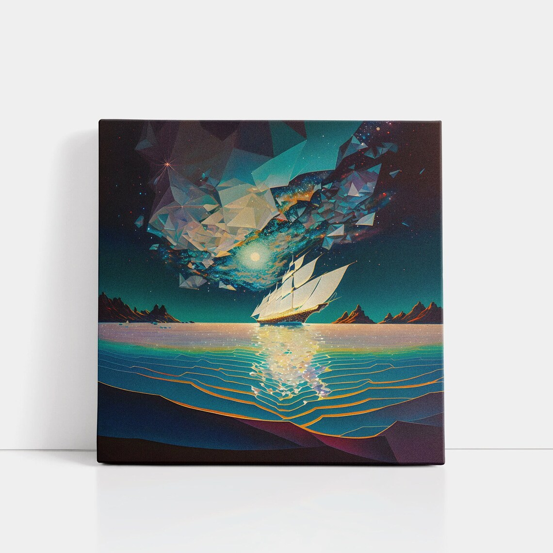 Prismatic Sails Tall Ship Under Crystal Galaxy Night Sea Art Poster