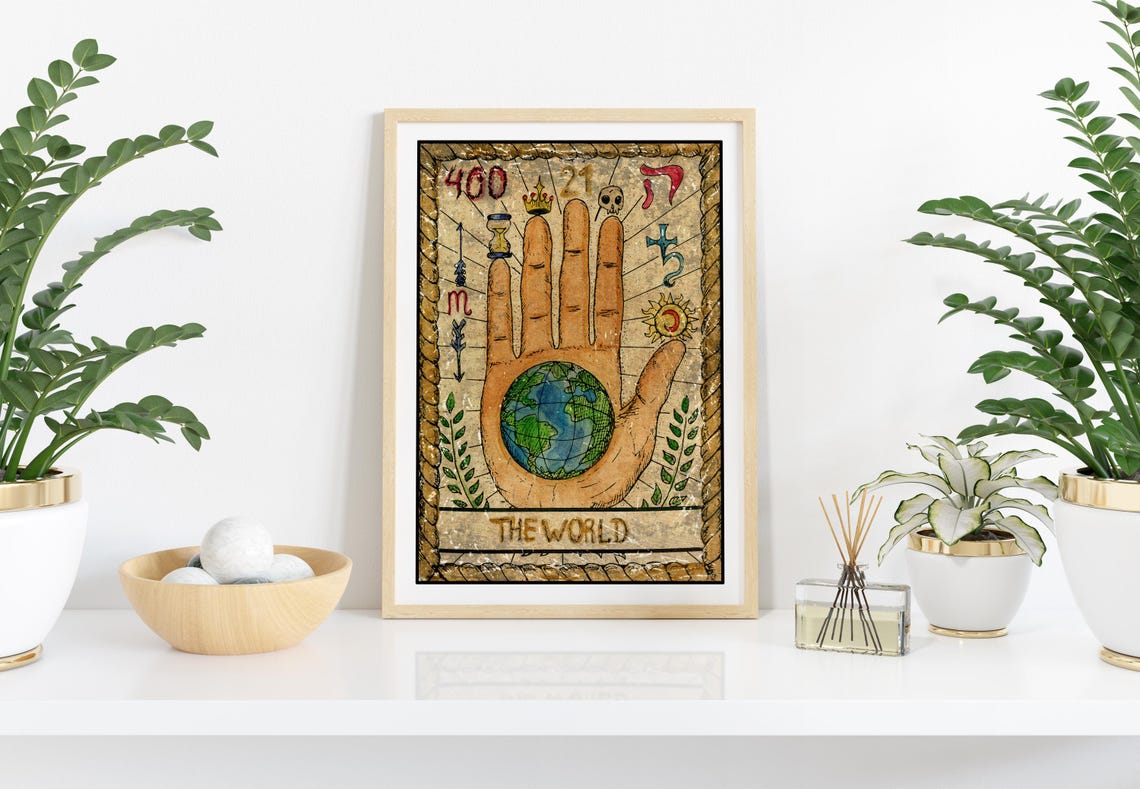 The World Tarot Card Hand Holding Earth Vintage Divination Art Poster - Image 2