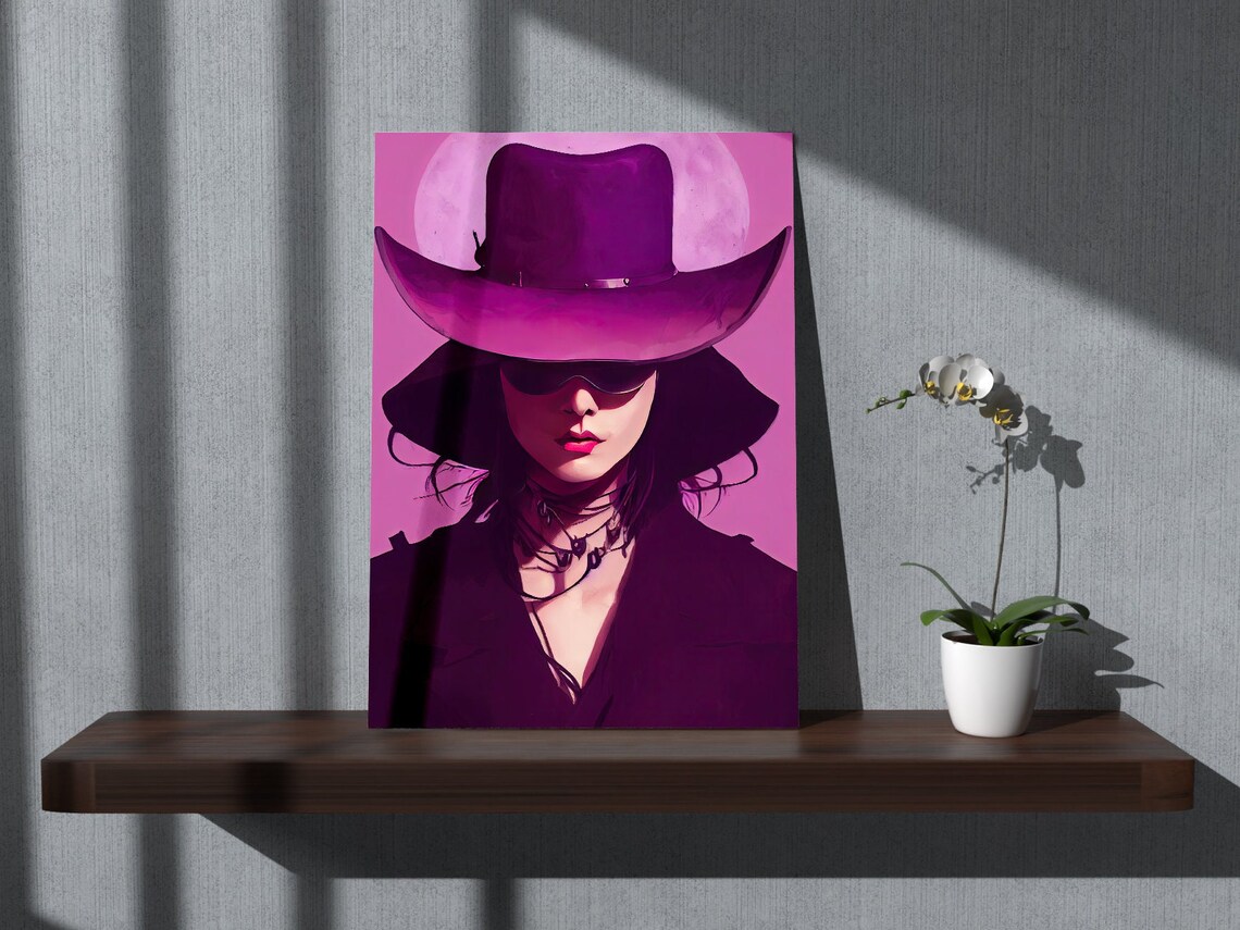 Purple Cowgirl in Sunglasses Under Full Moon Trendy Fashion Art Poster - Image 2