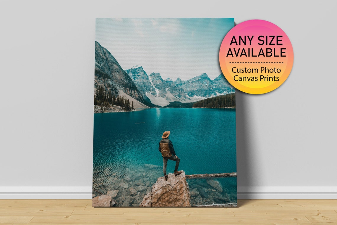Hiker At Turquoise Mountain Lake Custom Travel Photo Canvas Decor Poster