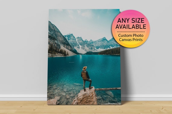 Hiker At Turquoise Mountain Lake Custom Travel Photo Canvas Decor Poster