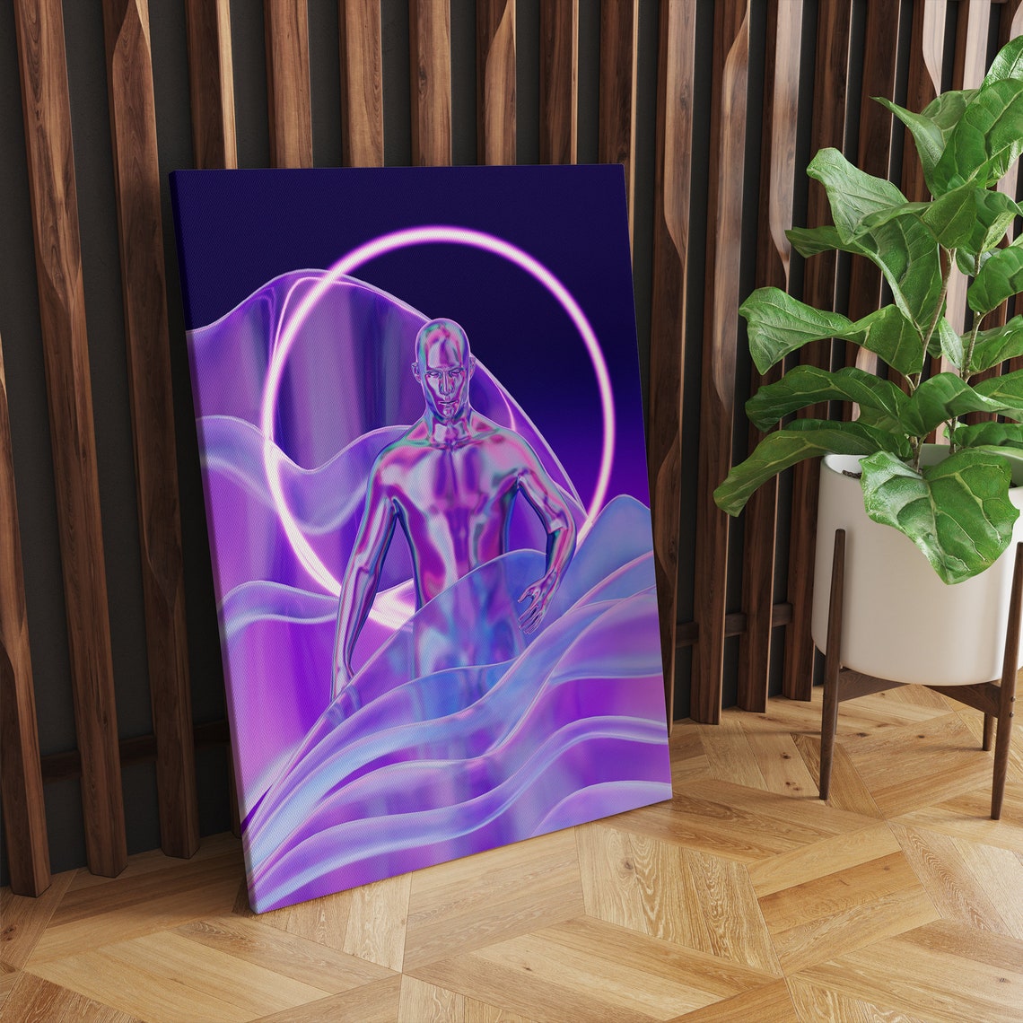 Holographic Chrome Figure with Neon Ring Retro Synthwave Art Poster - Image 2