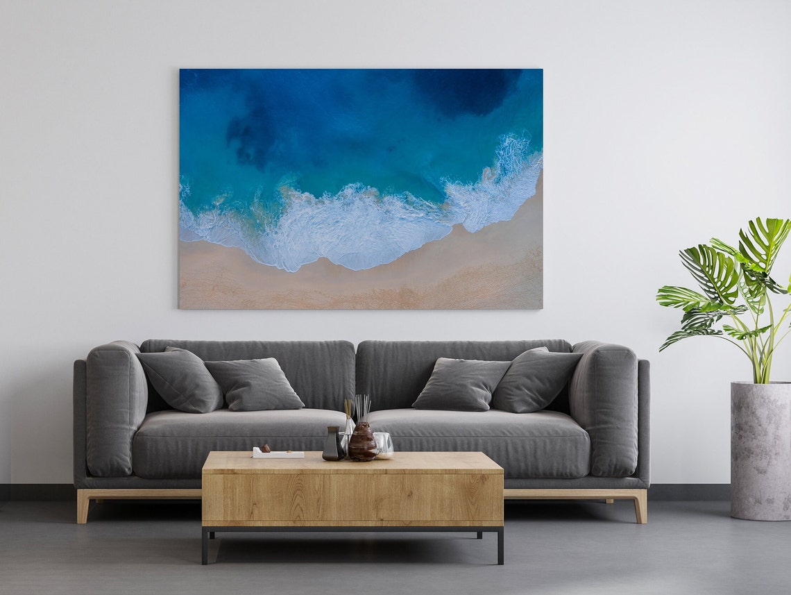 Aerial Ocean Waves Rolling Over Sandy Beach Turquoise Sea Photo Poster