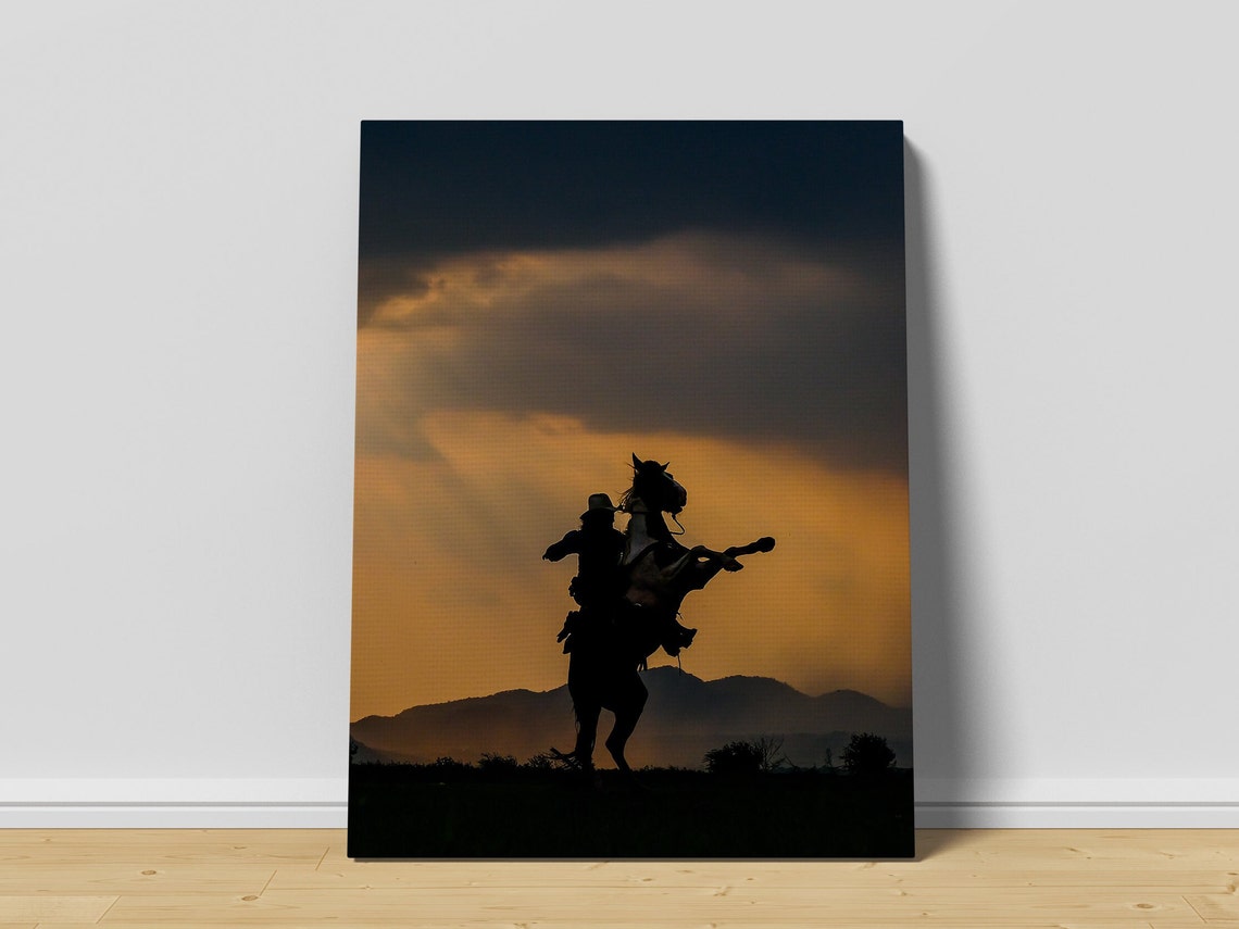 Cowboy on Rearing Horse Silhouette at Sunset Mountains Photo Poster