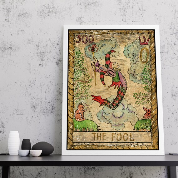 Vintage Distressed The Fool Tarot Card Jester Leap Art Poster