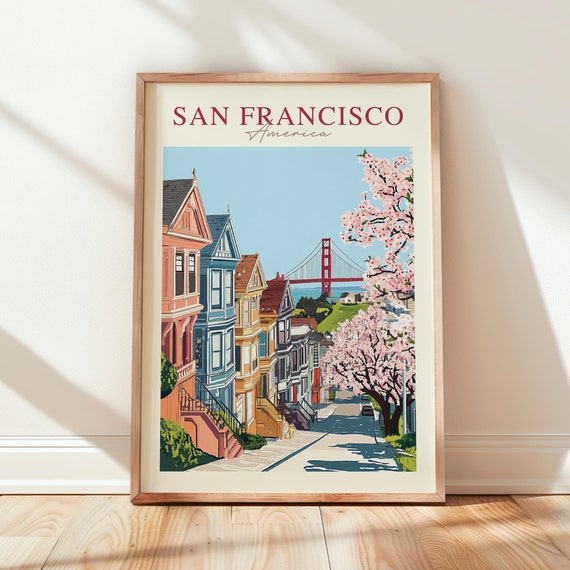 San Francisco Wall Art San Francisco Print San Francisco Landscape Travel Poster Golden Gate Bridge Victorian Houses