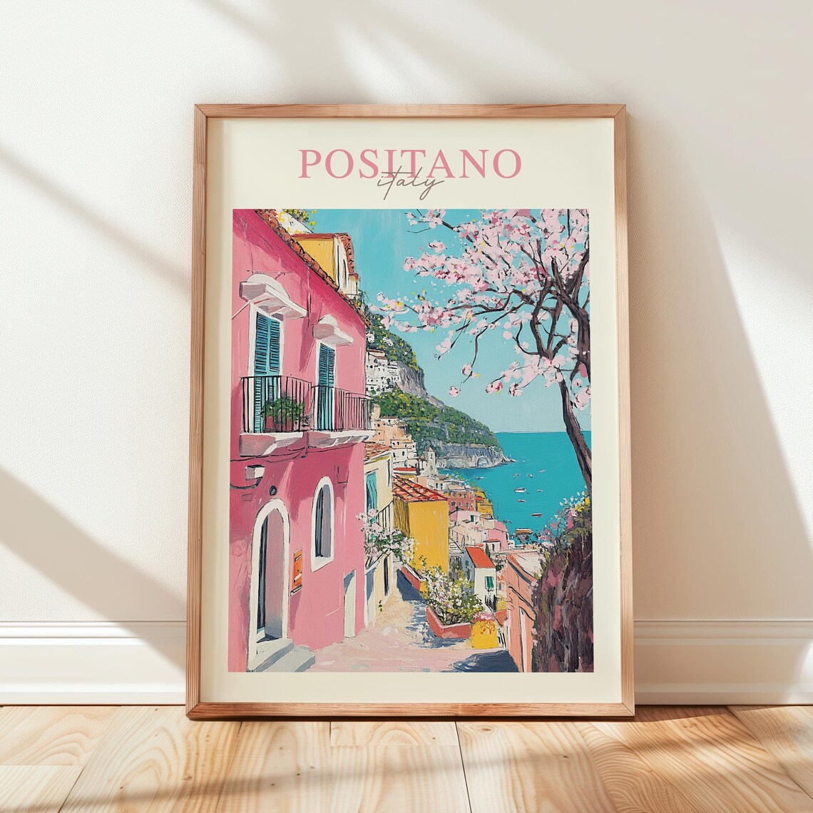 Positano Italy Pink Houses Cherry Blossom Coast Travel Poster