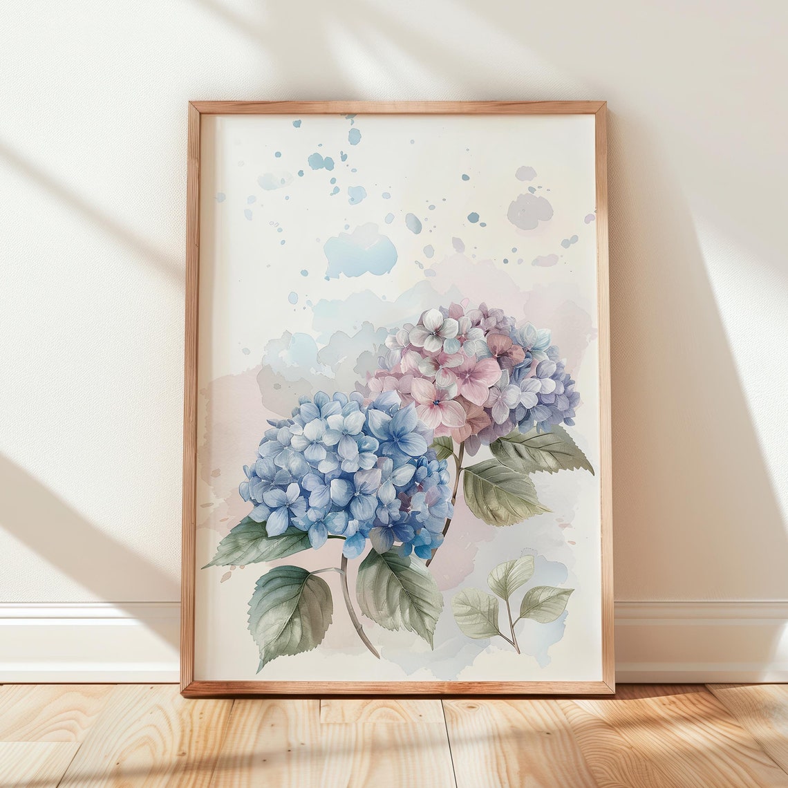 Pastel Blue Pink Watercolor Hydrangea Floral Botanical Poster