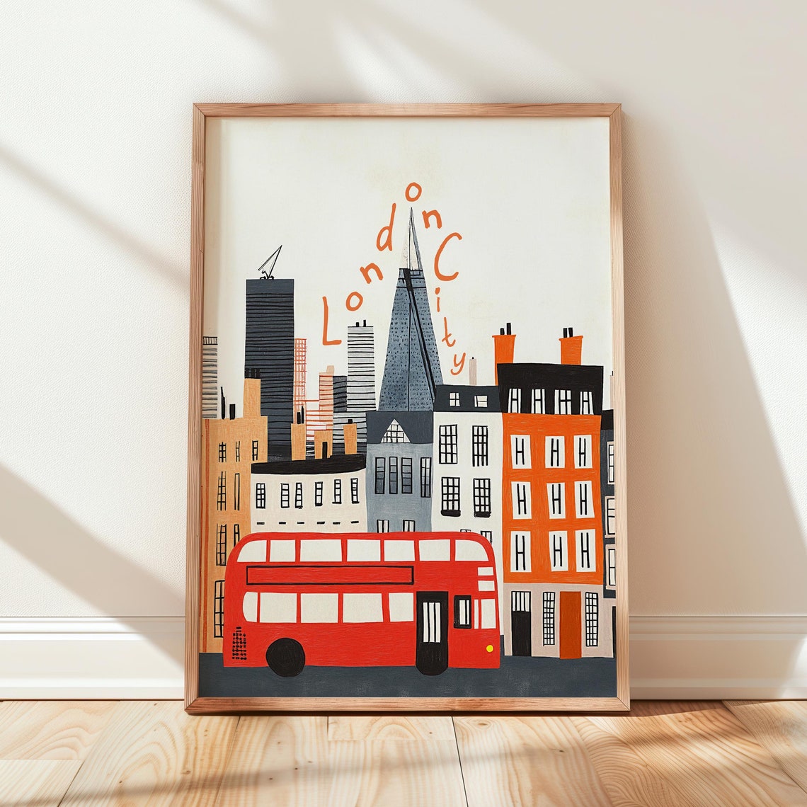 London City Red Bus Shard Skyline Handwritten Illustration Poster