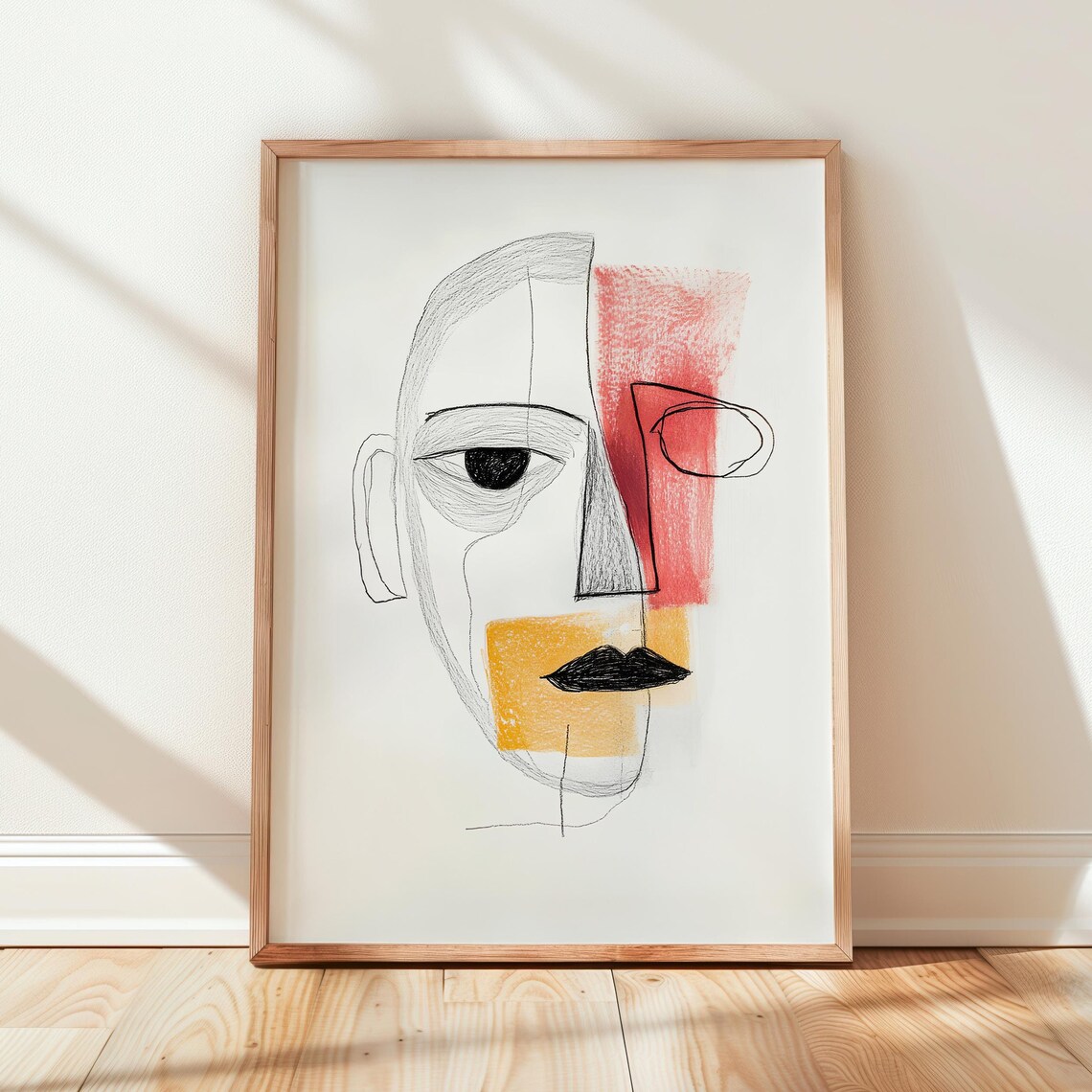Abstract Cubist Face Line Sketch Red Ochre Minimalist Art Poster