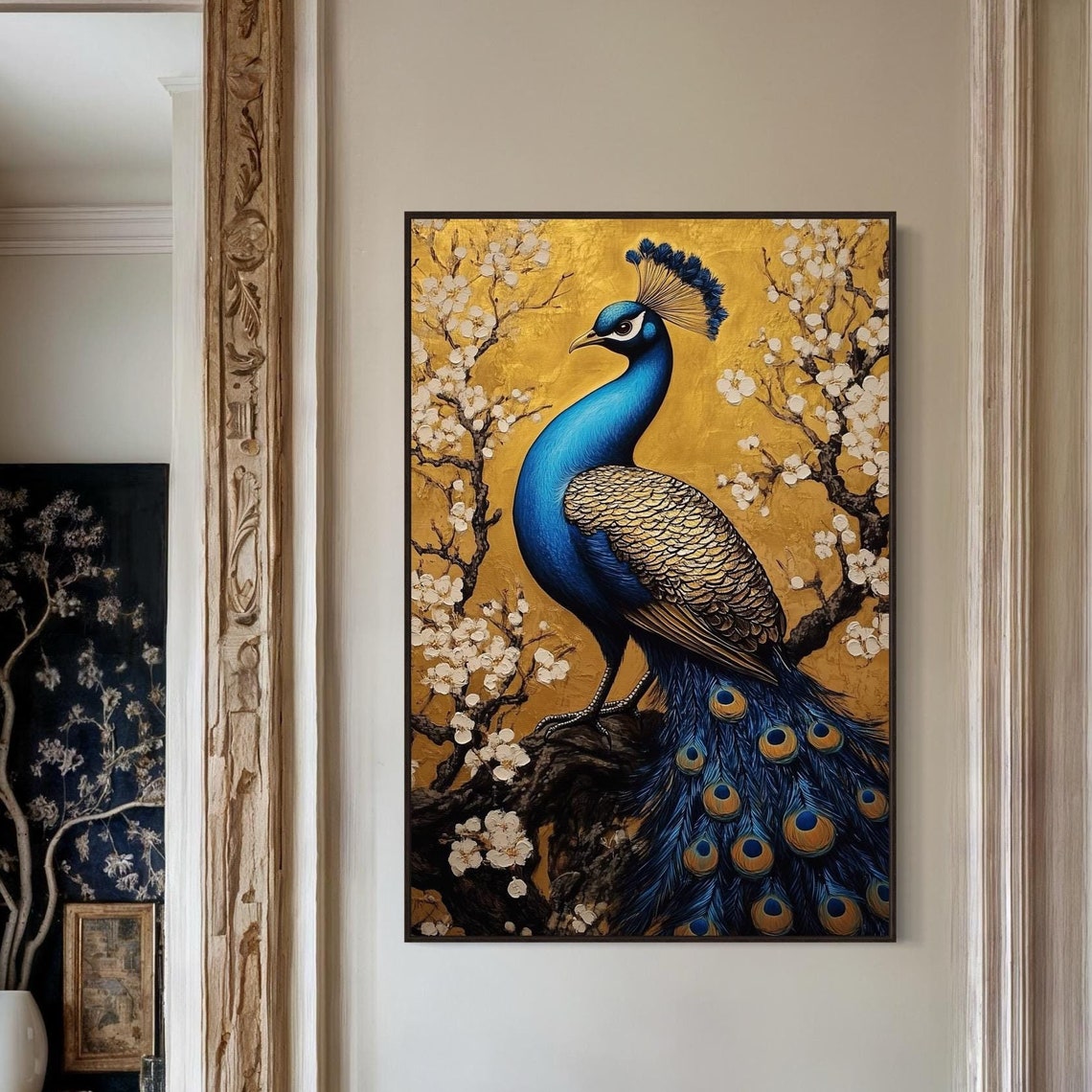 Vibrant Blue Peacock Gold Leaf Background Cherry Blossom Elegant Print - Image 5