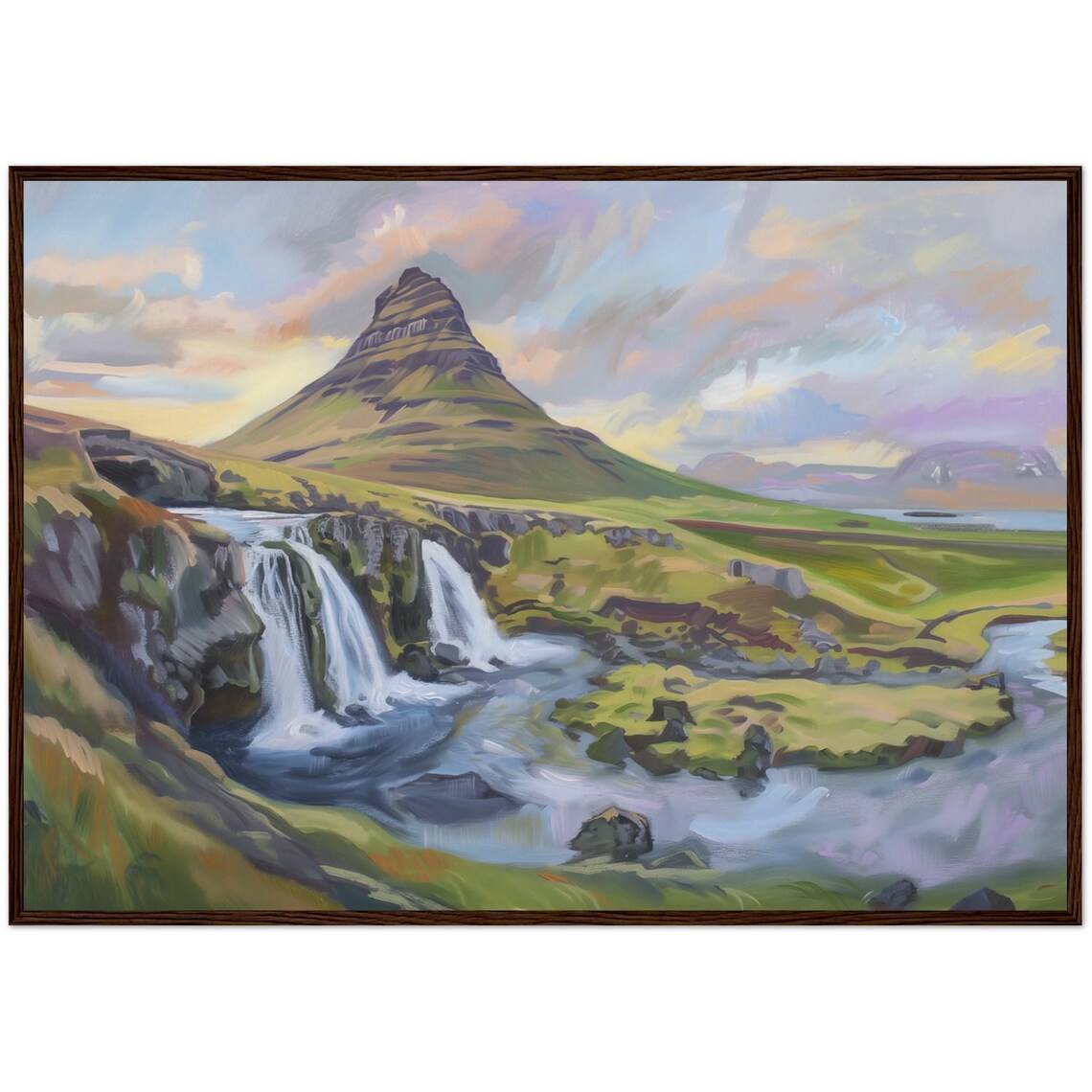 Iceland Kirkjufell Mountain Waterfall Green Hills Oil Painting Poster