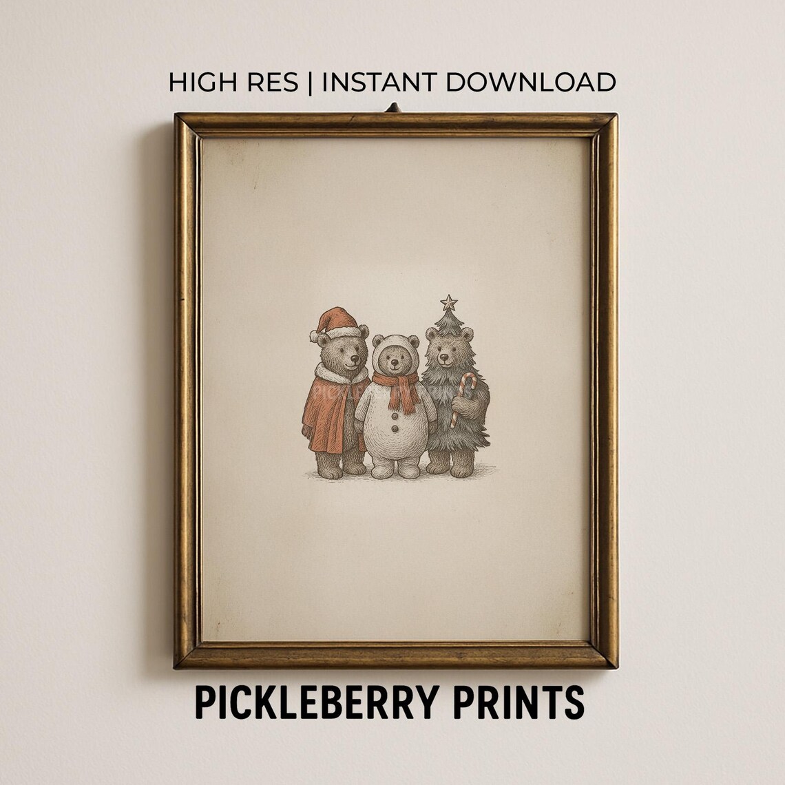 Cute Vintage Christmas Bears Santa Snowman Sketch Holiday Poster