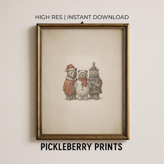 Cute Vintage Christmas Bears Santa Snowman Sketch Holiday Poster