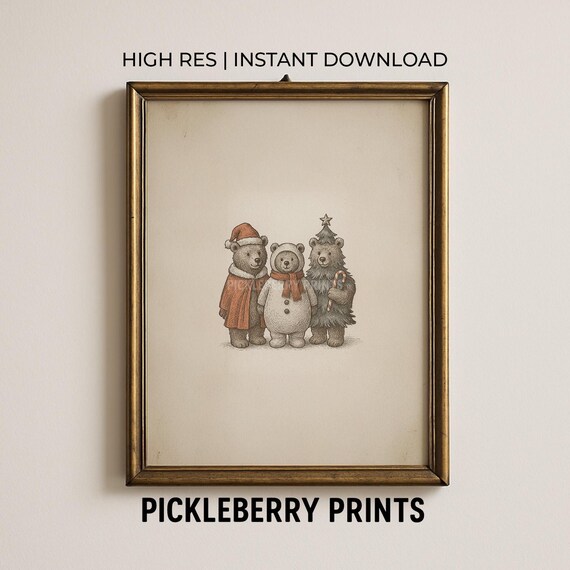 Vintage Christmas Bear Print Cute Santa Snowman Tree Sketch Winter Wall Art Rustic Farmhouse Kitchen Nursery Decor