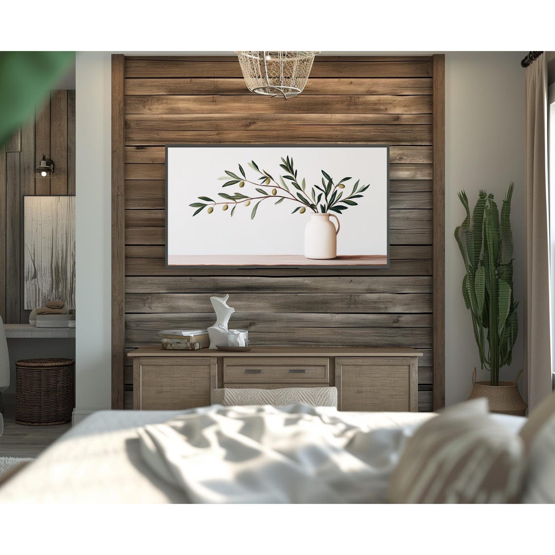 Olive Branch Still Life White Pitcher Minimalist Frame TV Art Print - Image 3