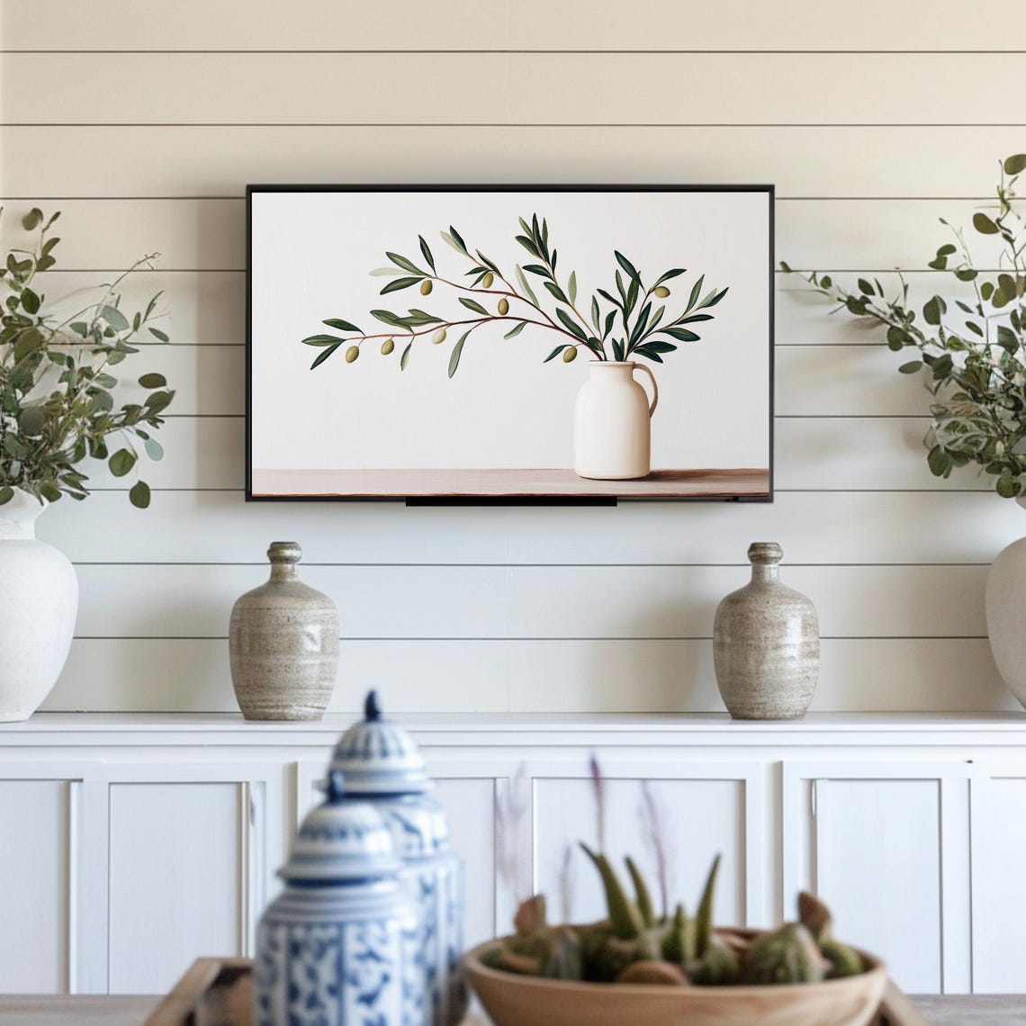 Olive Branch Still Life White Pitcher Minimalist Frame TV Art Print - Image 4