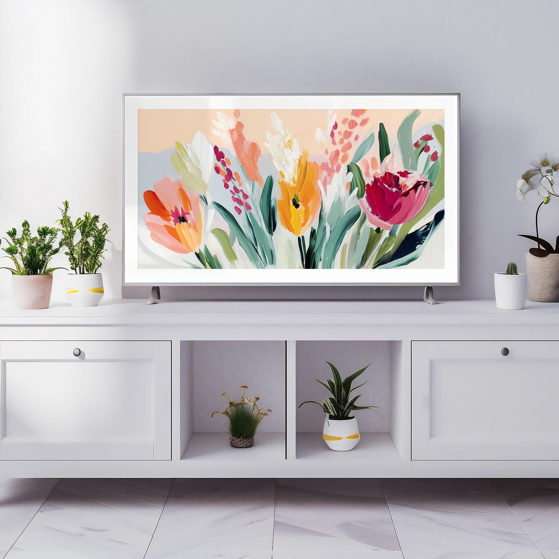 Pastel Spring Tulips Oil Painting Soft Floral Frame TV Art Poster - Image 3