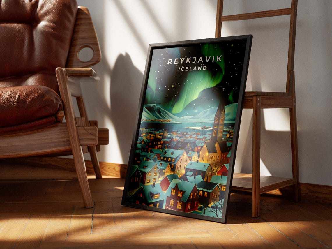 Reykjavik Iceland Northern Lights Snowy Winter Town Night Poster - Image 2