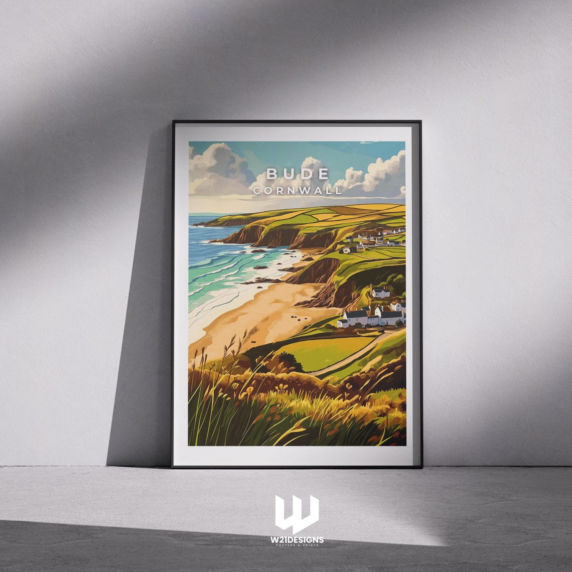 Bude Cornwall Golden Coast Cliffs Beach Illustration Travel Poster