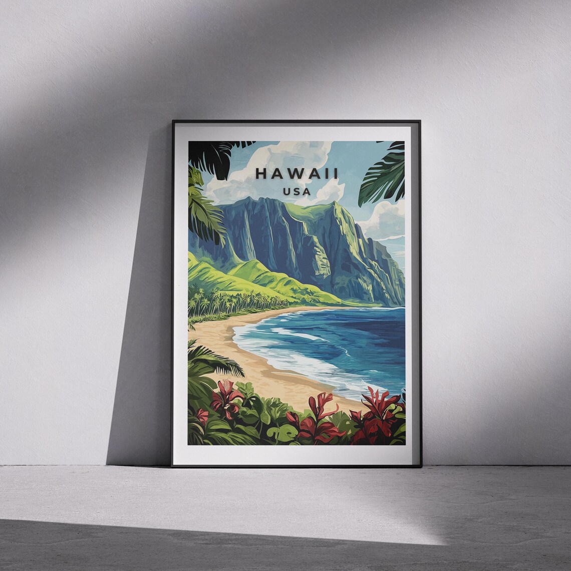 Hawaii USA Golden Tropical Beach Palms Mountains Travel Poster
