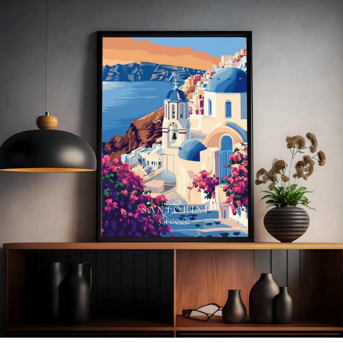 Santorini Greece Blue Domes Aegean Sea Village Illustration Poster