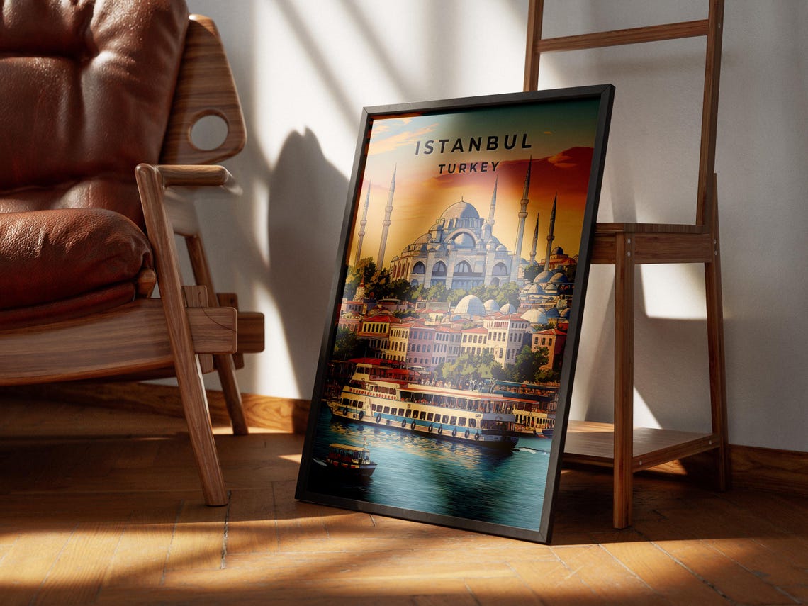 Istanbul Turkey Mosque Bosphorus Boats Travel Illustration Poster - Image 2