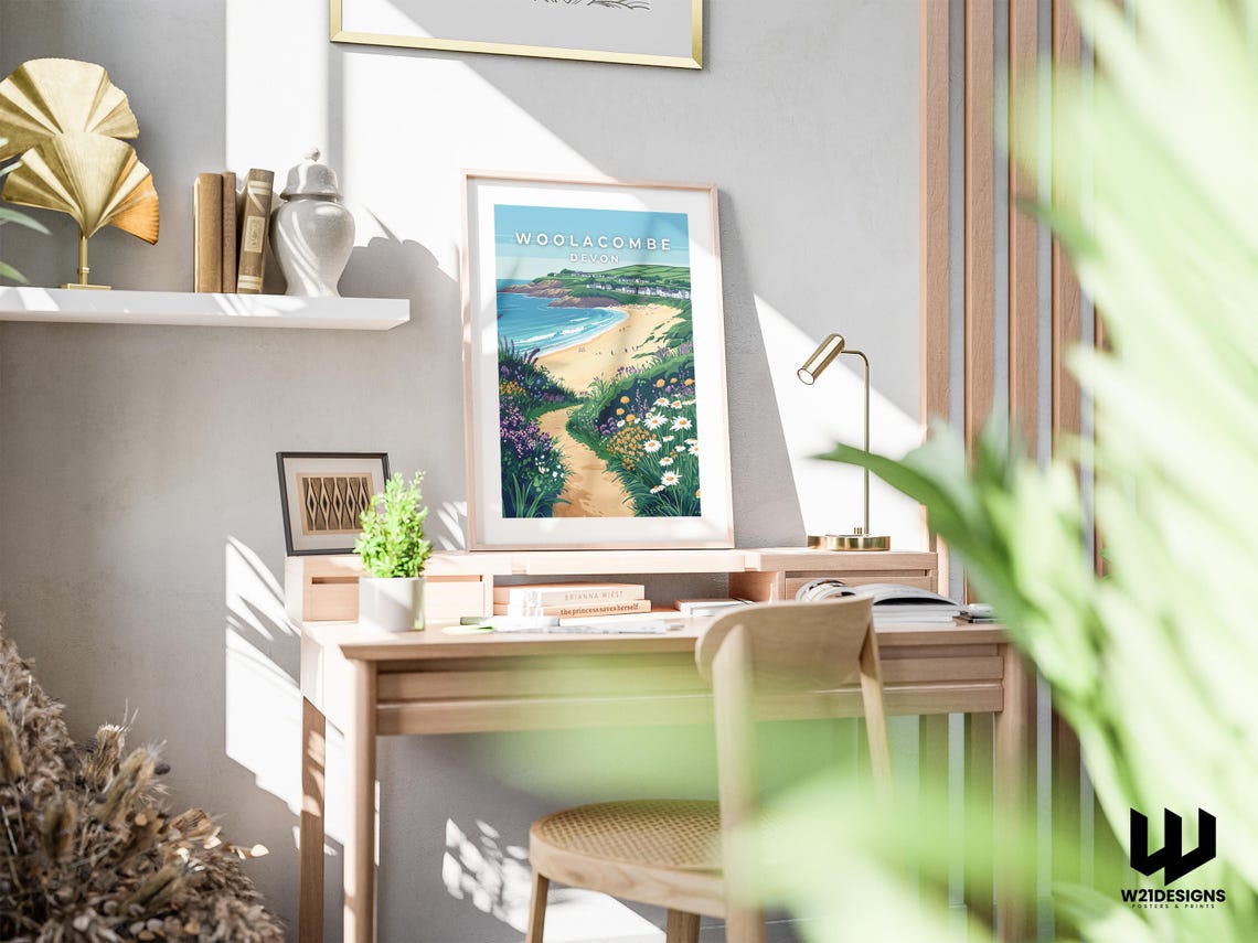 Woolacombe Devon Beach Path Wildflowers Coast Illustration Poster - Image 4