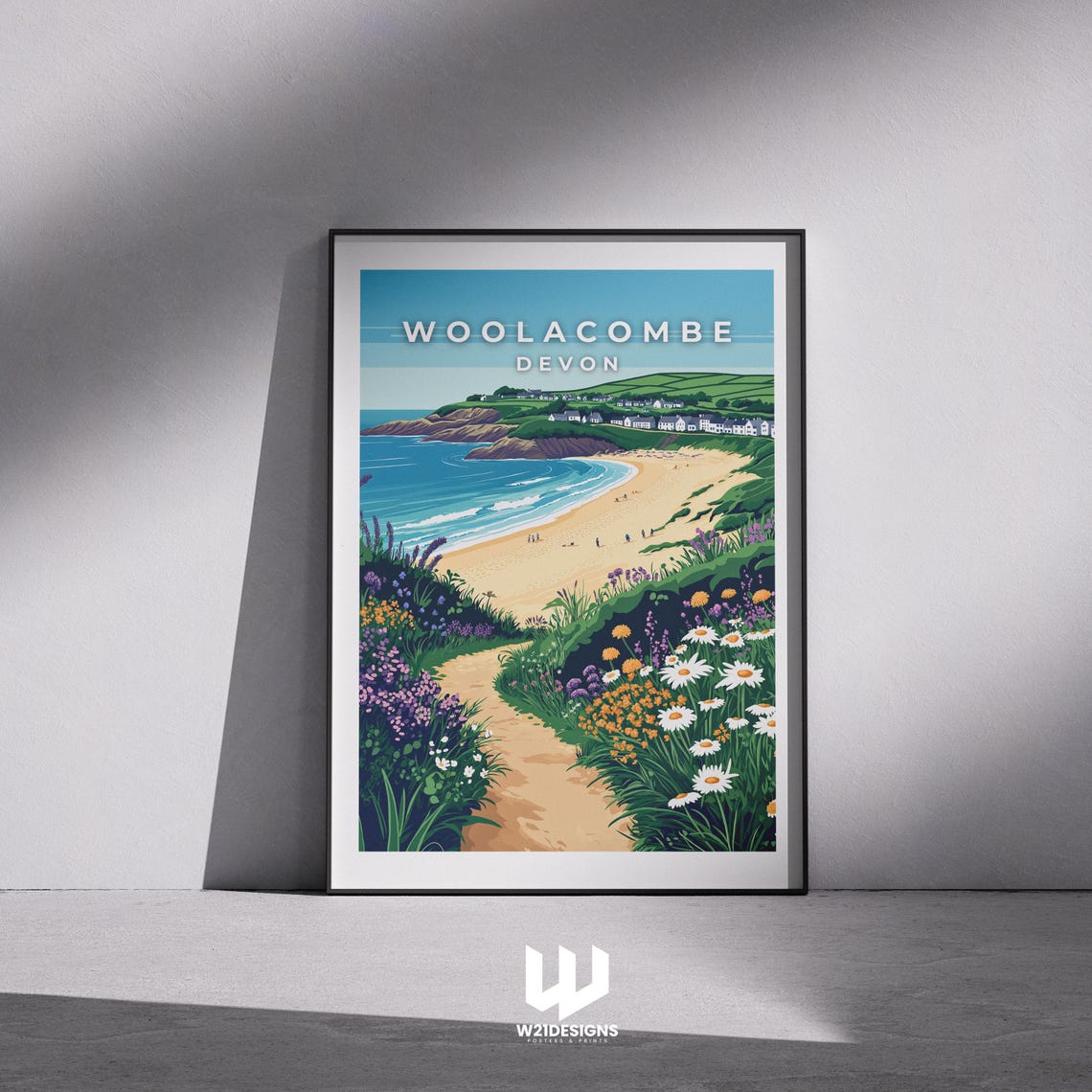 Woolacombe Devon Beach Path Wildflowers Coast Illustration Poster