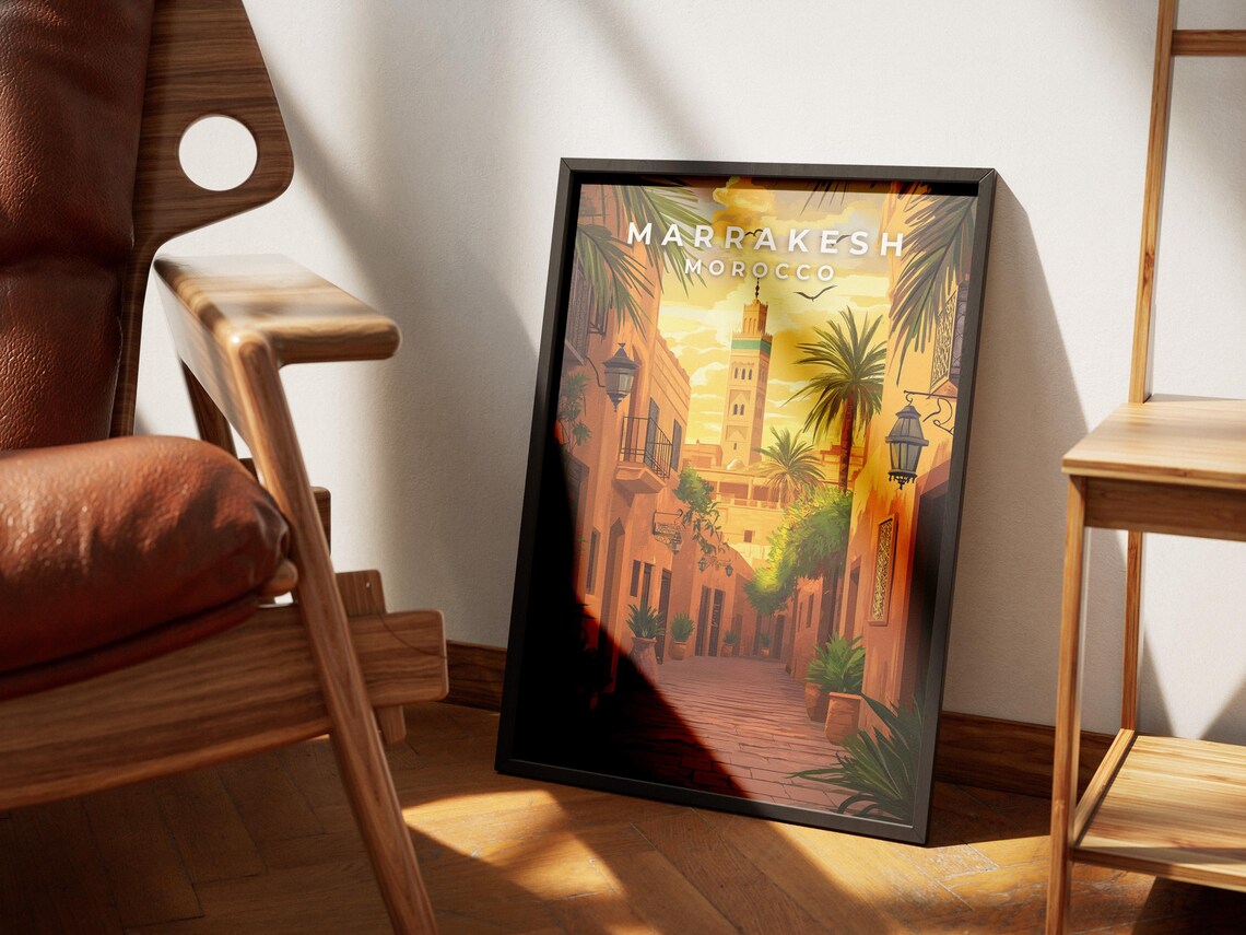 Marrakesh Morocco Medina Street Minaret Sunset Illustration Poster - Image 4