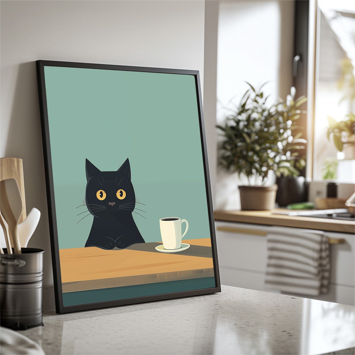 Black Cat With Coffee Cup Minimal Kitchen Cute Cat Lover Poster - Image 2