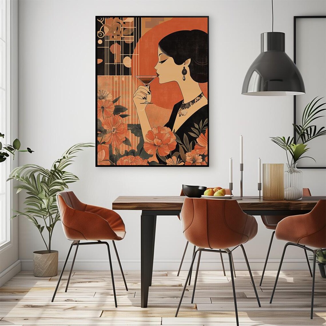 Art Deco Cocktail Lady Sipping Martini Among Blossoms Vintage Poster - Image 3