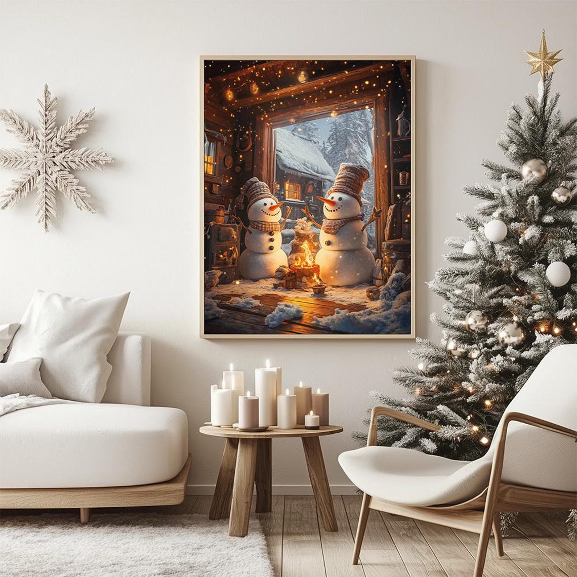 Cozy Snowmen Campfire Winter Cabin Snowy Holiday Night Poster - Image 2
