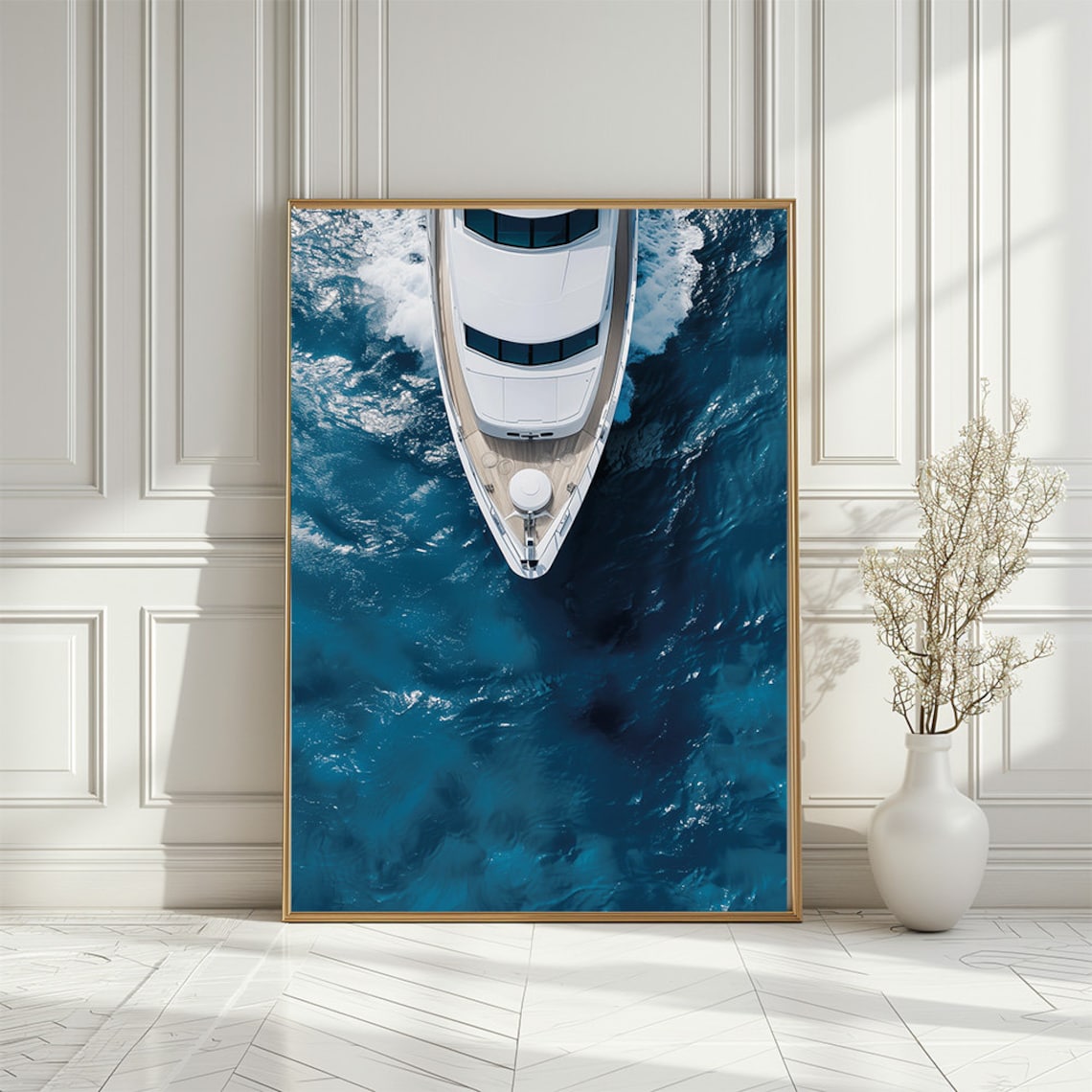 Luxury White Yacht Aerial Top View Deep Blue Ocean Sea Poster