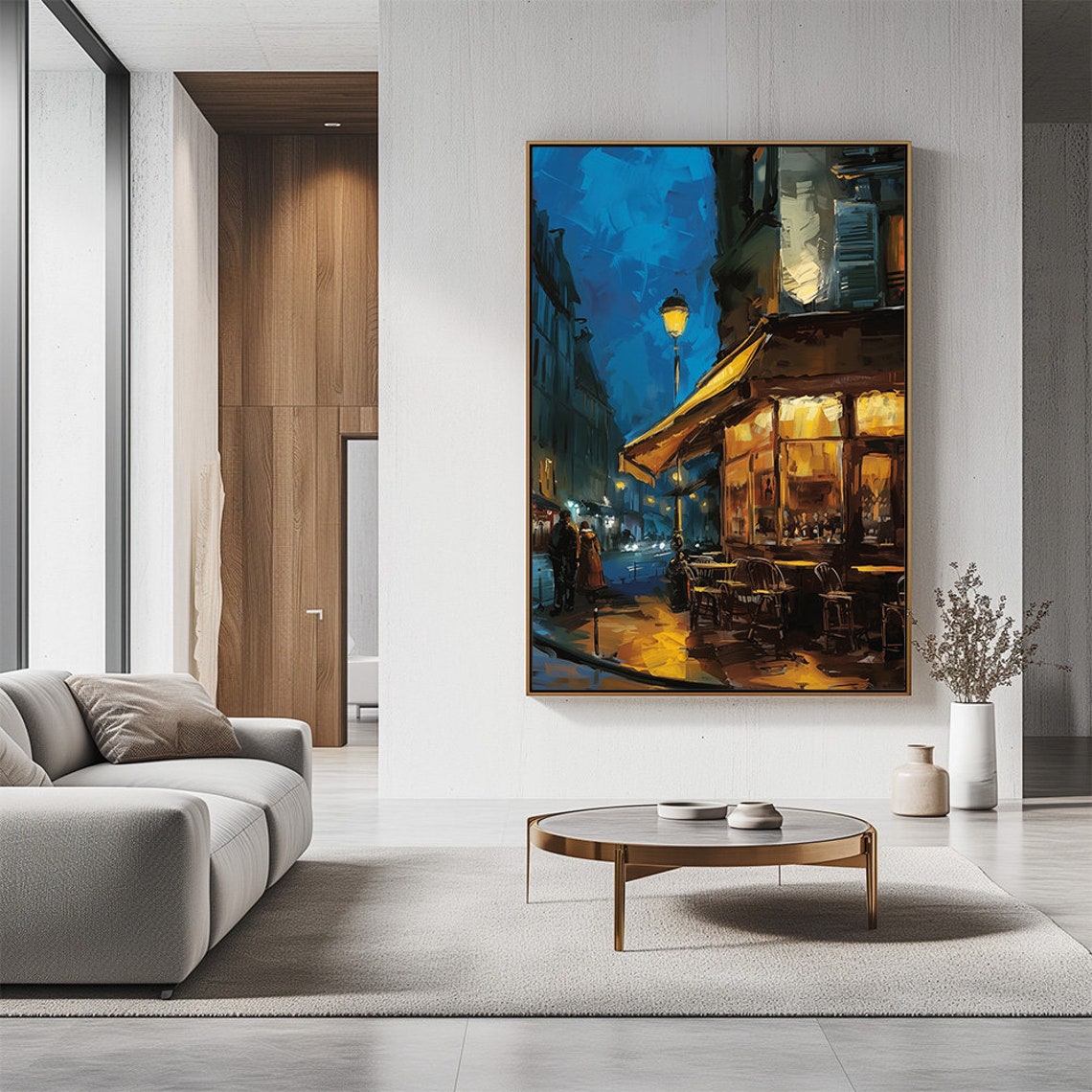 Street Cafe In City At Night Poster Urban Scene With City Lights And Street Lamps Bar In Winter Street View Wall Print