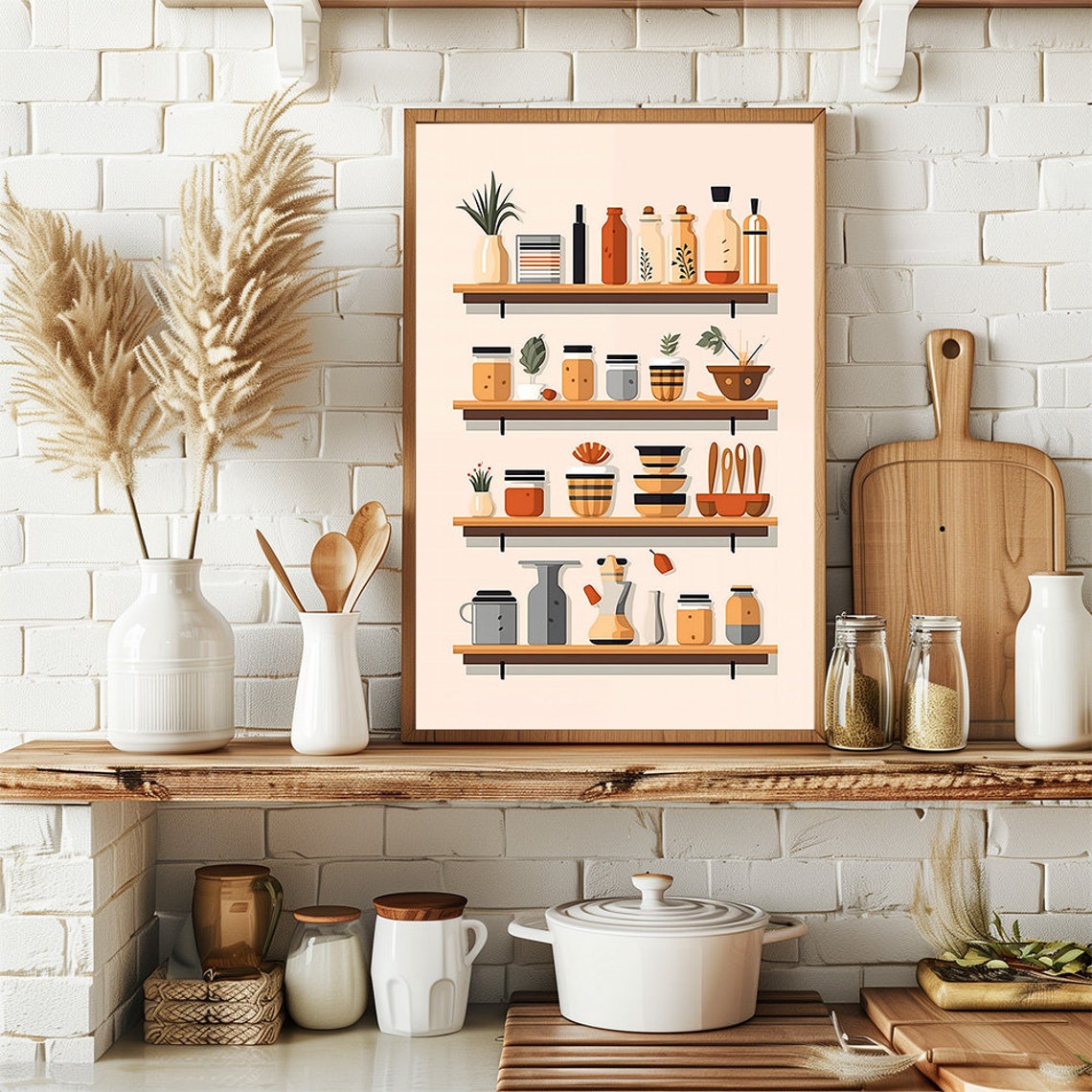 Kitchen Shelf Utensils Jars Minimalist Flat Design Art Poster