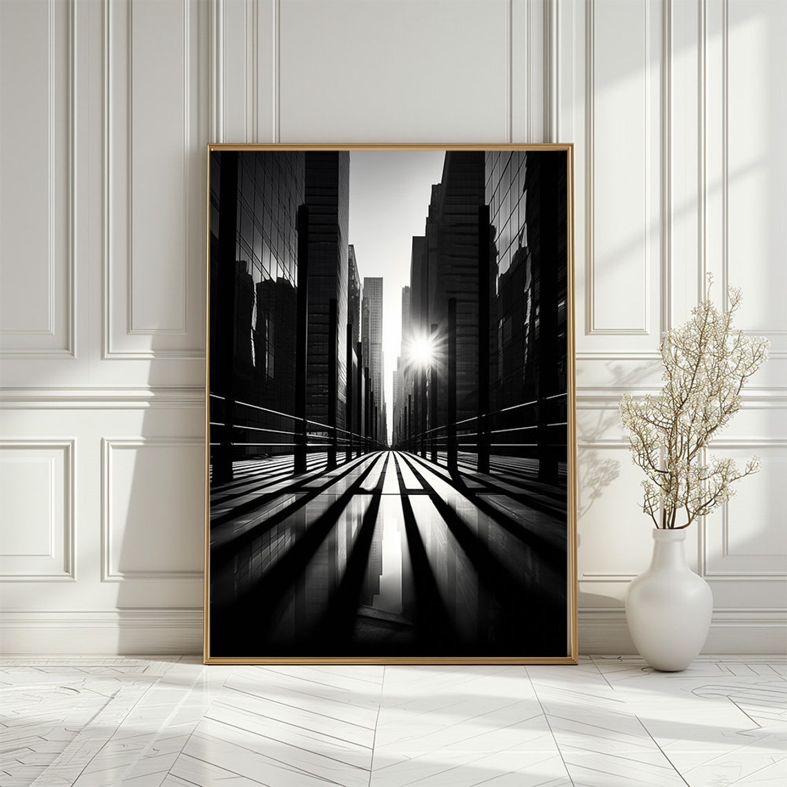 Black and White Big City Street Skyscraper Monochrome Art Poster - Image 2