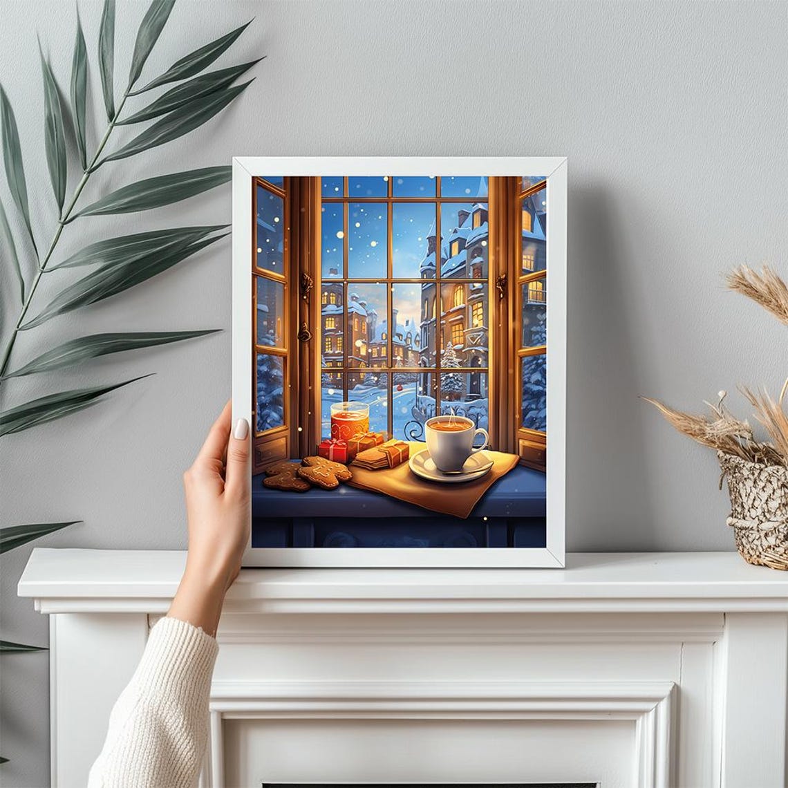 Cozy Christmas Window View Poster With Hot Cocoa and Snowy Cityscape - Image 3