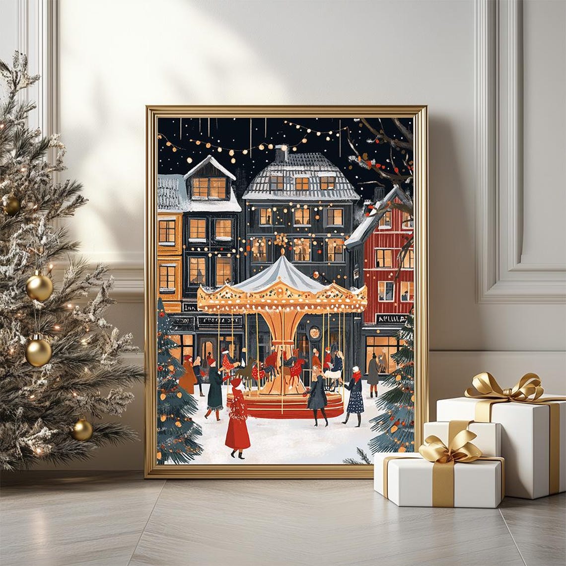 Snowy Christmas Carousel Village Square Winter Holiday Poster