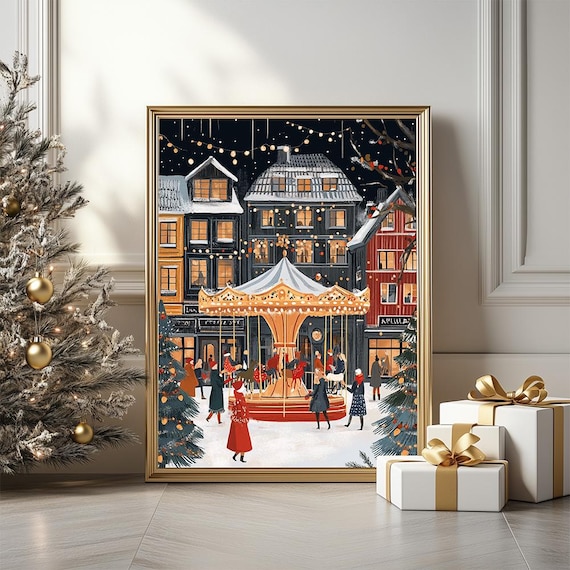 Snowy Christmas Carousel Village Square Winter Holiday Poster