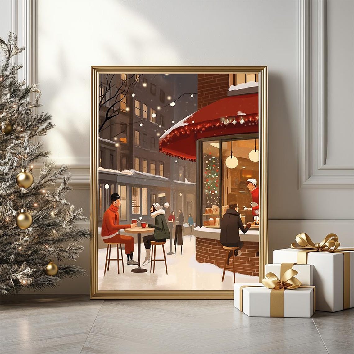 Cozy Snowy Street Cafe At Dusk Couples With Coffee Winter Poster