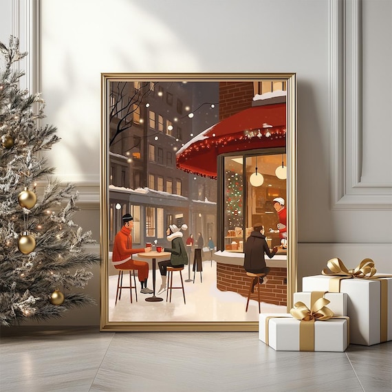 Cozy Snowy Street Cafe At Dusk Couples With Coffee Winter Poster