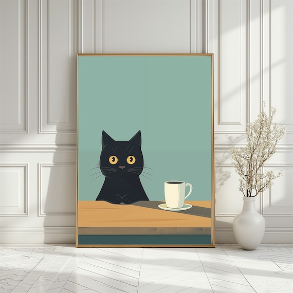 Black Cat With Coffee Cup Kitchen Poster Perfect Cat Lover Kitchen Decor Cute Animal Minimal Illustration Kitchen Print