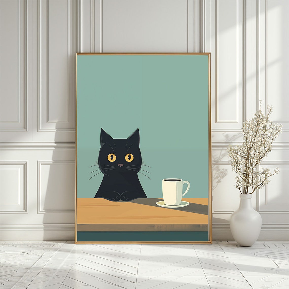 Black Cat With Coffee Cup Minimal Kitchen Cute Cat Lover Poster