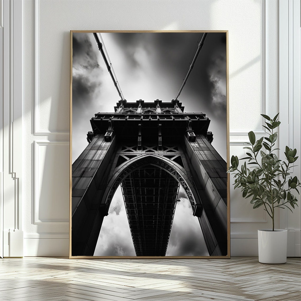 Dramatic Black And White Suspension Bridge Tower From Below Poster - Image 2