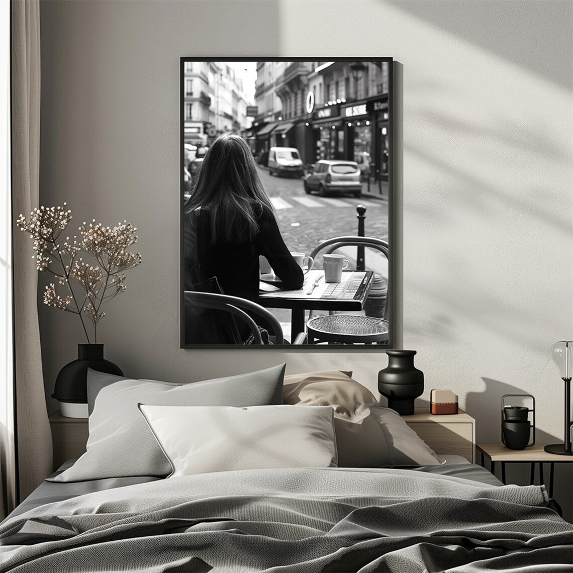 Woman At Paris Street Cafe Black White Photography Wall Poster - Image 2