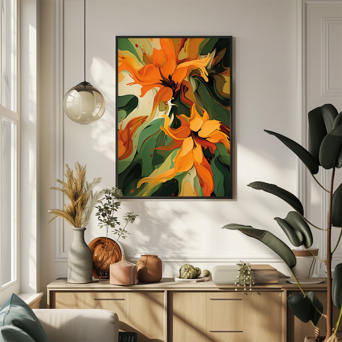 Bold Orange Green Modern Floral Blossoms Botanical Art Print - Image 2