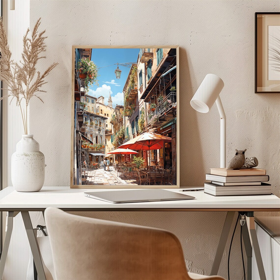 Sunny Mediterranean Street Cafe Scene European Town Art Poster - Image 3